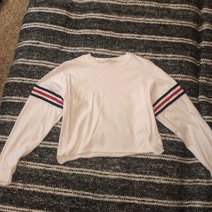 Red, white, and blue cropped long sleeve shirt